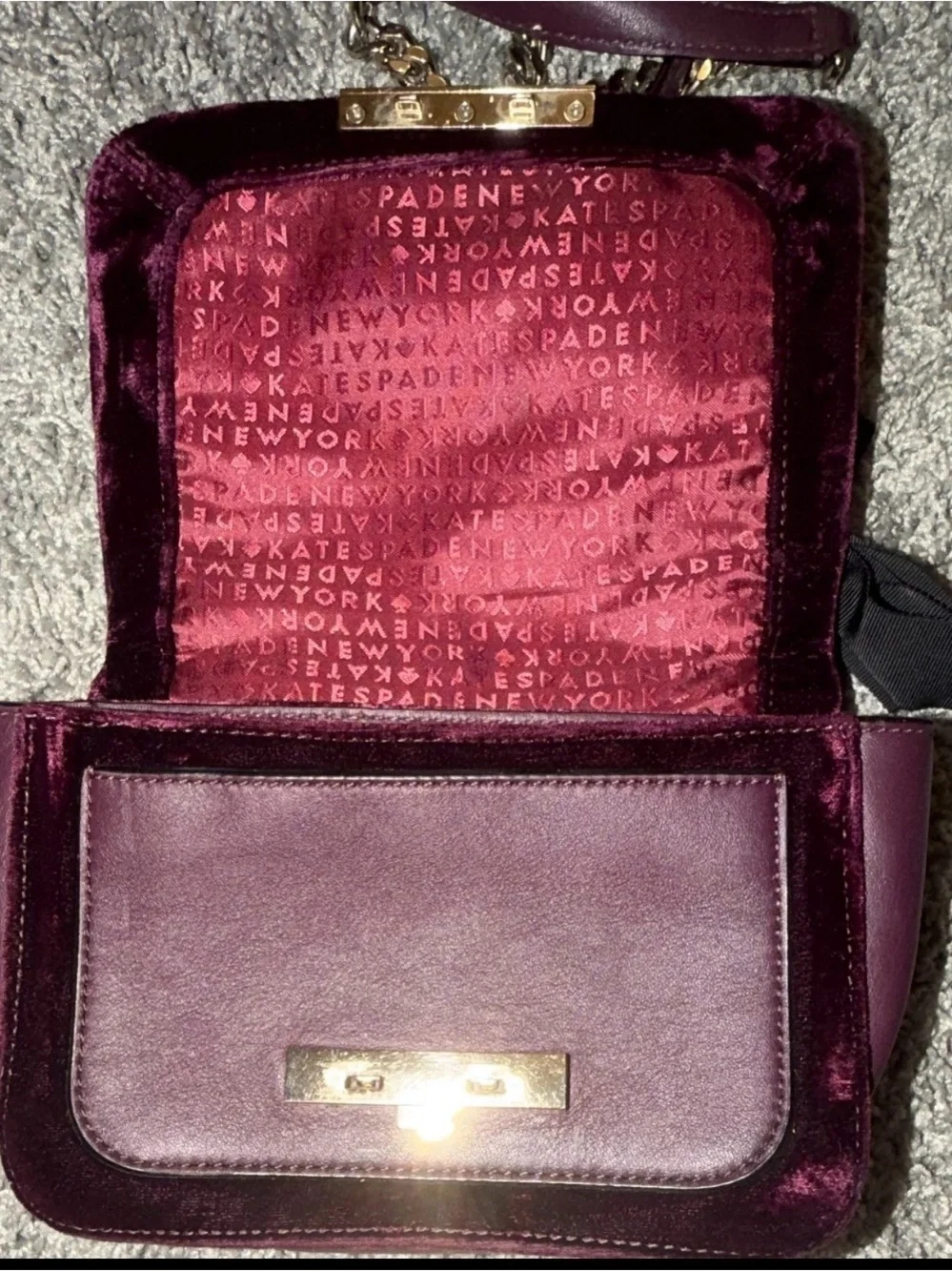 kate spade Plum Velvet Crossbody Bag with Gold Chain and Black Bow